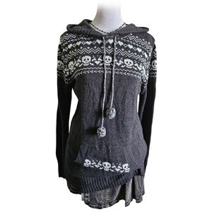 Y2K Derek Heart Grey Long Sleeve Hooded Knit Sweater Skull Design W Pocket Large